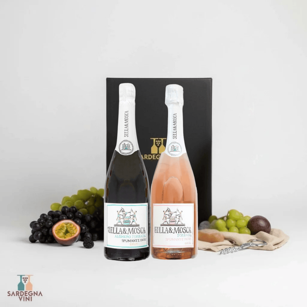 Gift box with two bottles of 'Torbato' wine by Sardegnavini, elegantly presented for special occasions.