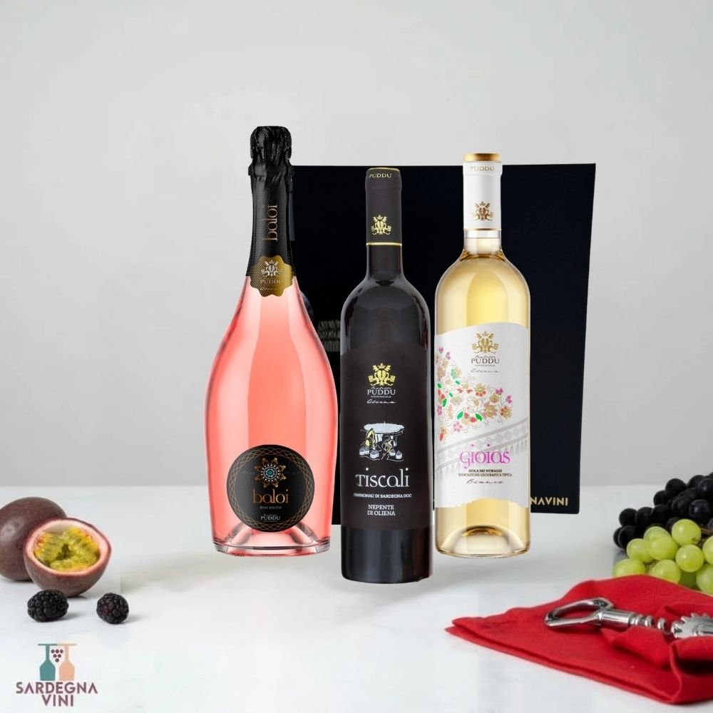 Gift box containing three bottles from Azienda F.lli Puddu, elegantly packaged for special occasions.