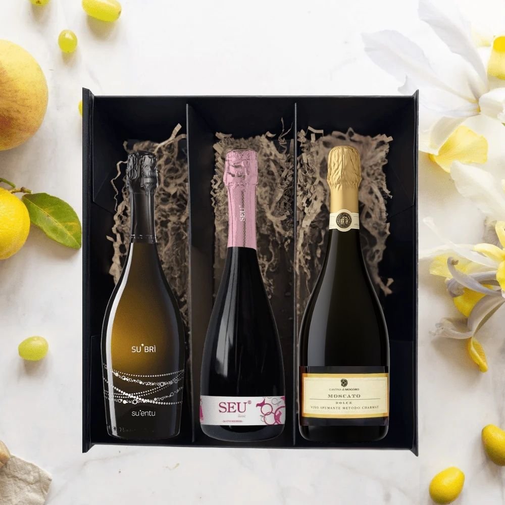 Fast Bundle Box Regalo 3 bt 'Bollicine' featuring elegant sparkling wine bottles in a decorative gift box.