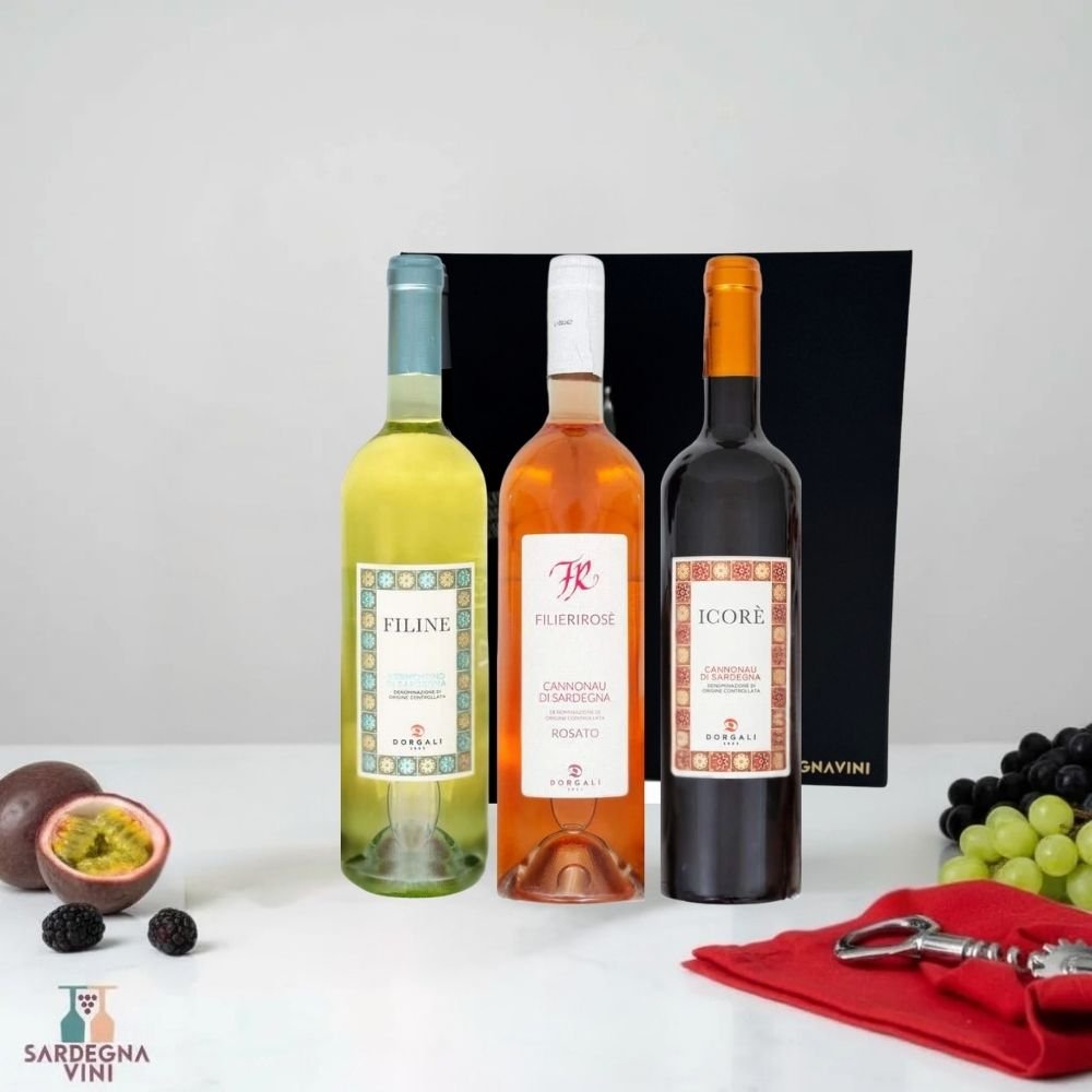 Gift box containing 3 bottles of 'Cantina Dorgali' wine by Sardegnavini, elegantly packaged for special occasions.