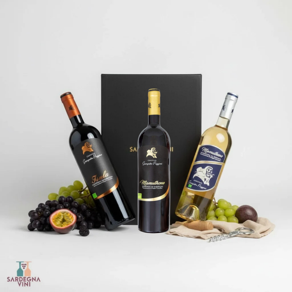 Gift box containing 3 bottles from Cantina Puggioni by Sardegnavini, elegantly packaged for wine enthusiasts.
