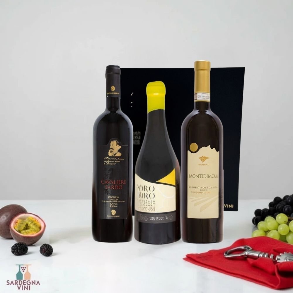 Box Regalo 3 bt 'Selezione' by Sardegnavini featuring an elegant gift box with three wine bottles.