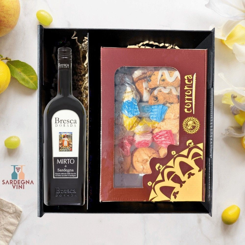 Elegant gift box 'Mirto&Dolci' by Sardegnavini featuring assorted treats and a stylish design.
