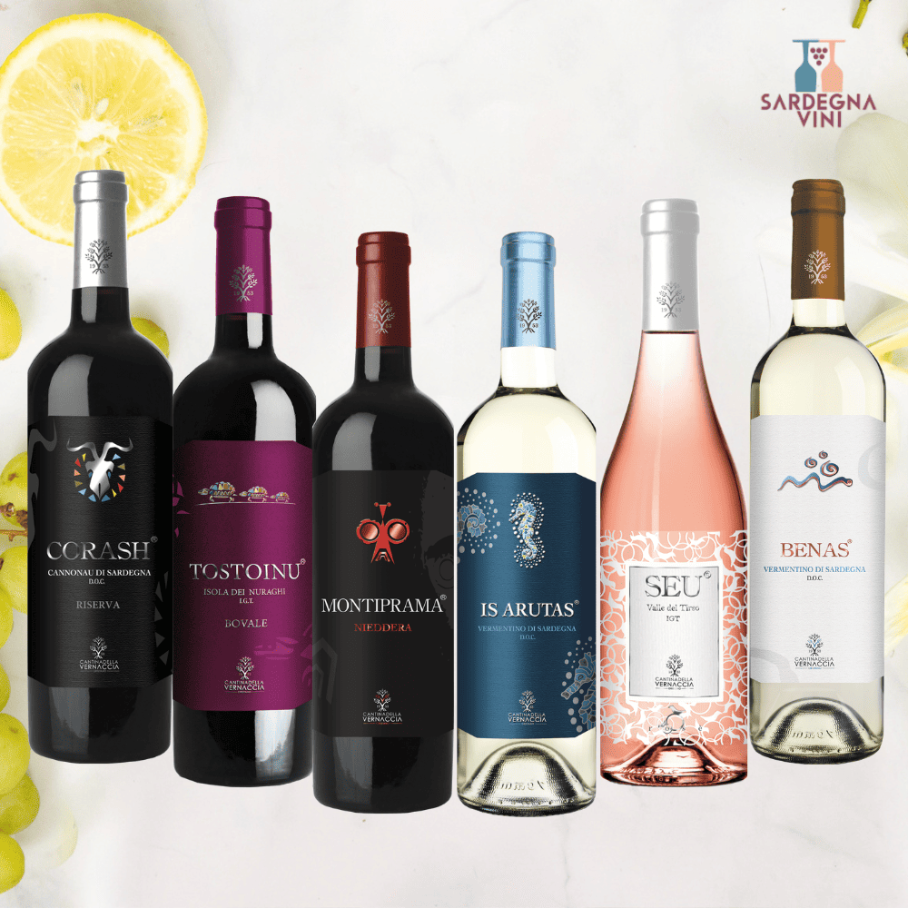 Box of 6 wines from Cantina del Rimedio by Sardegnavini, showcasing elegant packaging and a selection of wine bottles.