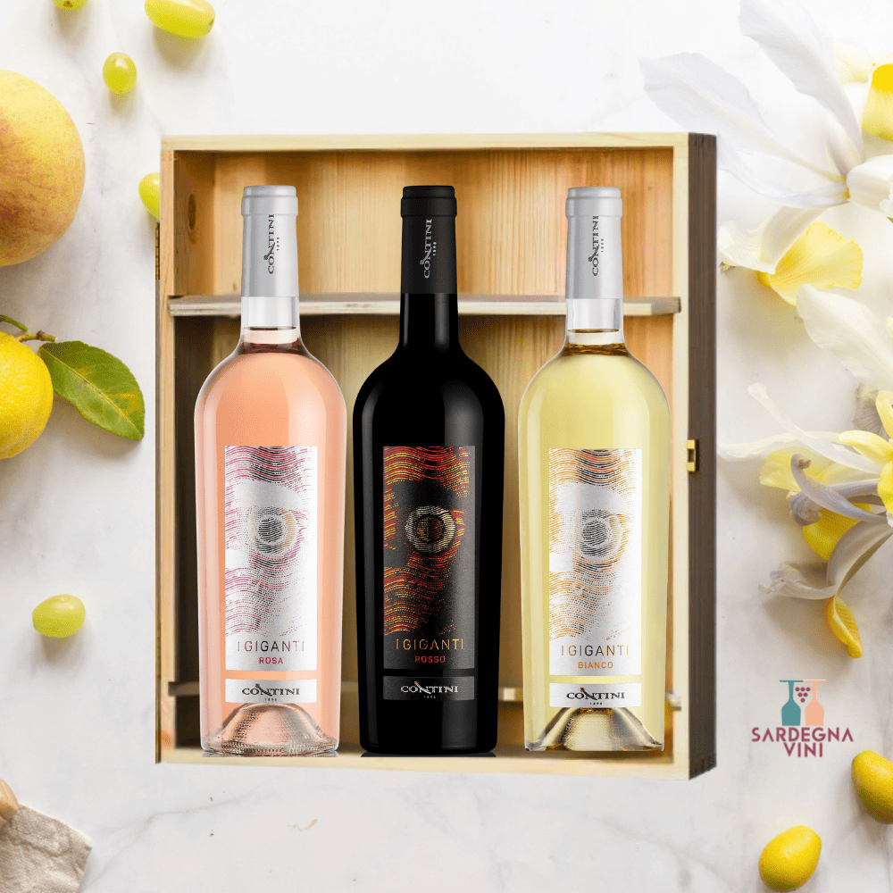 Cassetta 3 bt 'Giganti Contini' gift set by Sardegnavini featuring three elegant wine bottles in a decorative box.