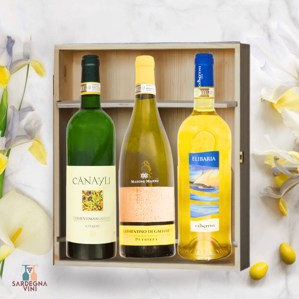 Gift box containing three bottles of Vermentino di Gallura by Sardegnavini, elegantly arranged with a rustic design.