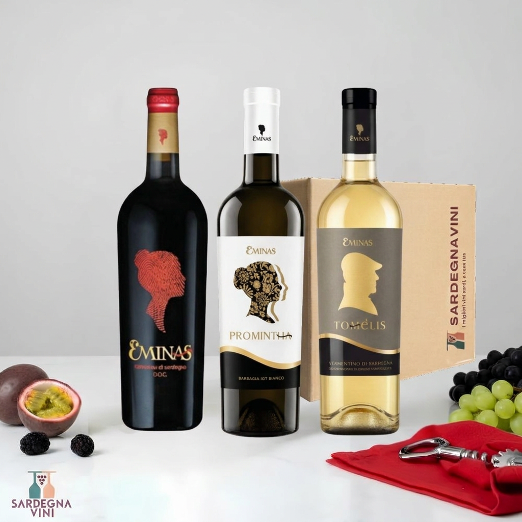 Tre vini Eminas della selezione Mamoiada con sfondo grigio e scatola Sardegnavini