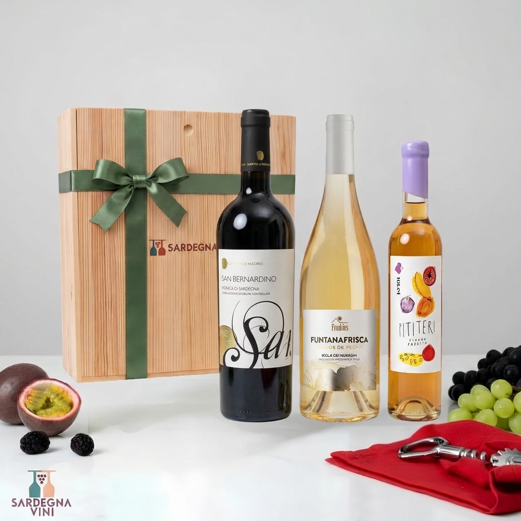 Cassetta regalo Selezione con San Bernardino Monica, Funtanafrisca e Pititeri e cassetta in legno con nastro verde