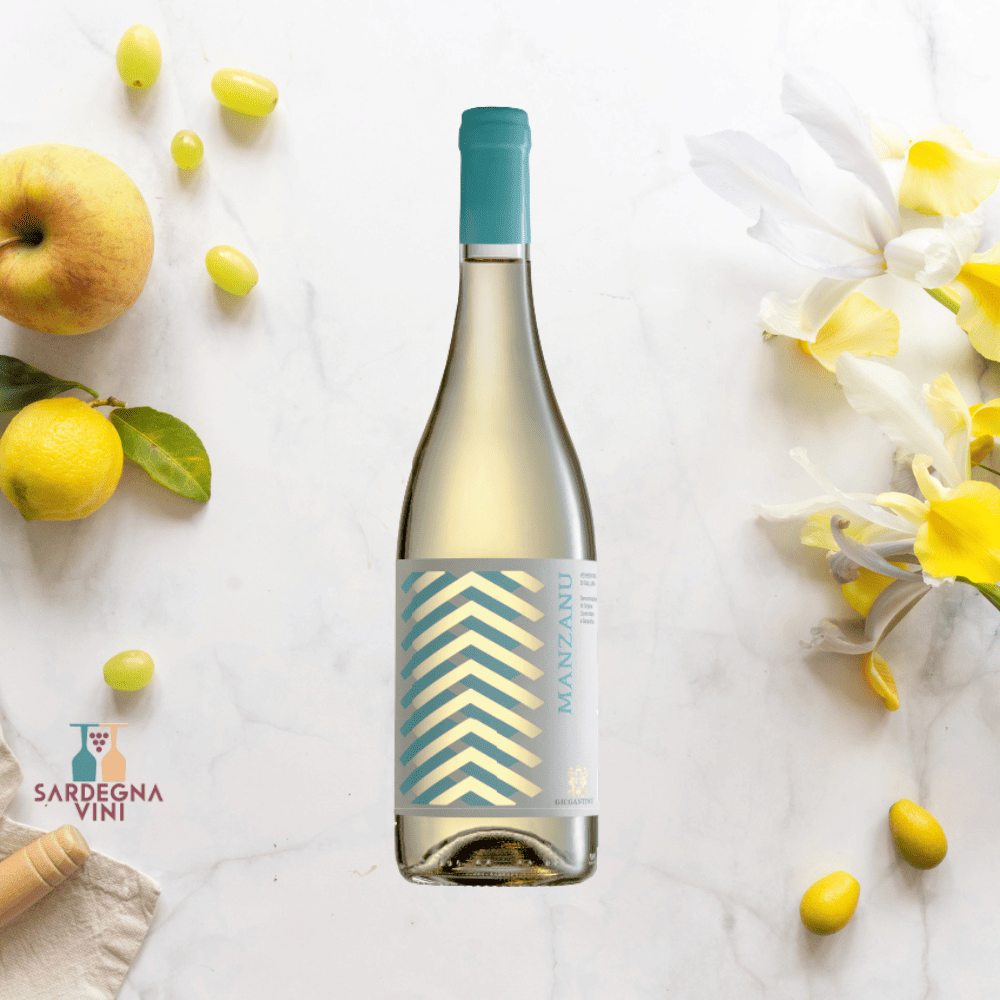 Bottle of Cantina Giogantinu Manzanu Vermentino di Gallura DOCG 2024, showcasing its elegant label and white wine color.