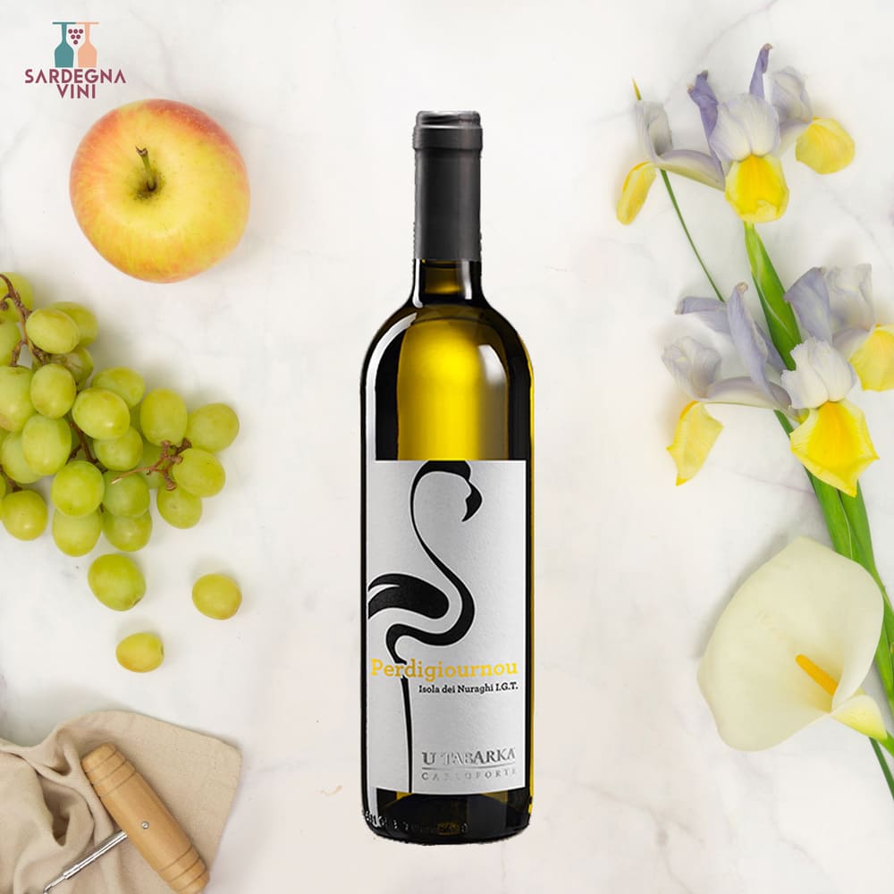 Perdigiournou Isola dei Nuraghi IGT 2023 wine bottle, Tanca Gioia U-Tabarka, showcasing a crisp white wine design.