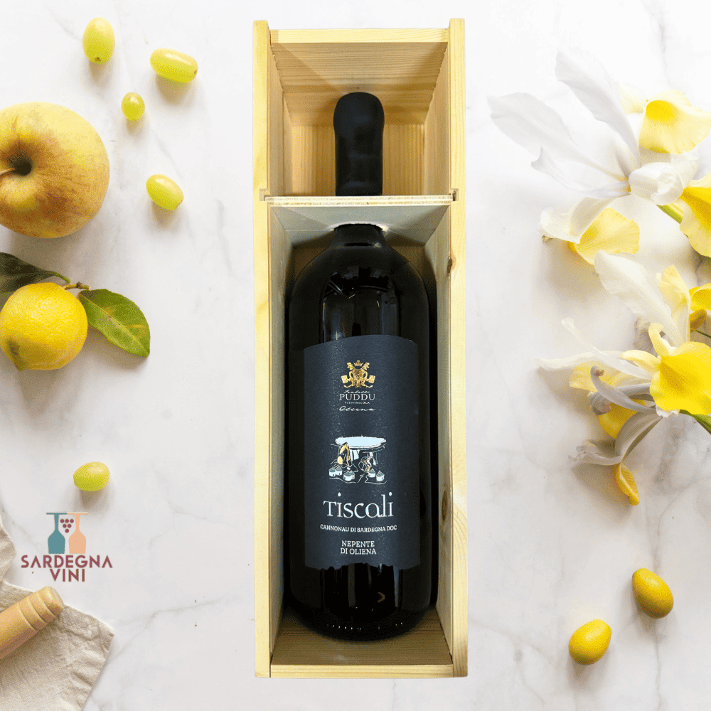 Magnum bottle of Tiscali Cannonau Nepente di Oliena 2020 in elegant gift packaging by Azienda F.lli Puddu.