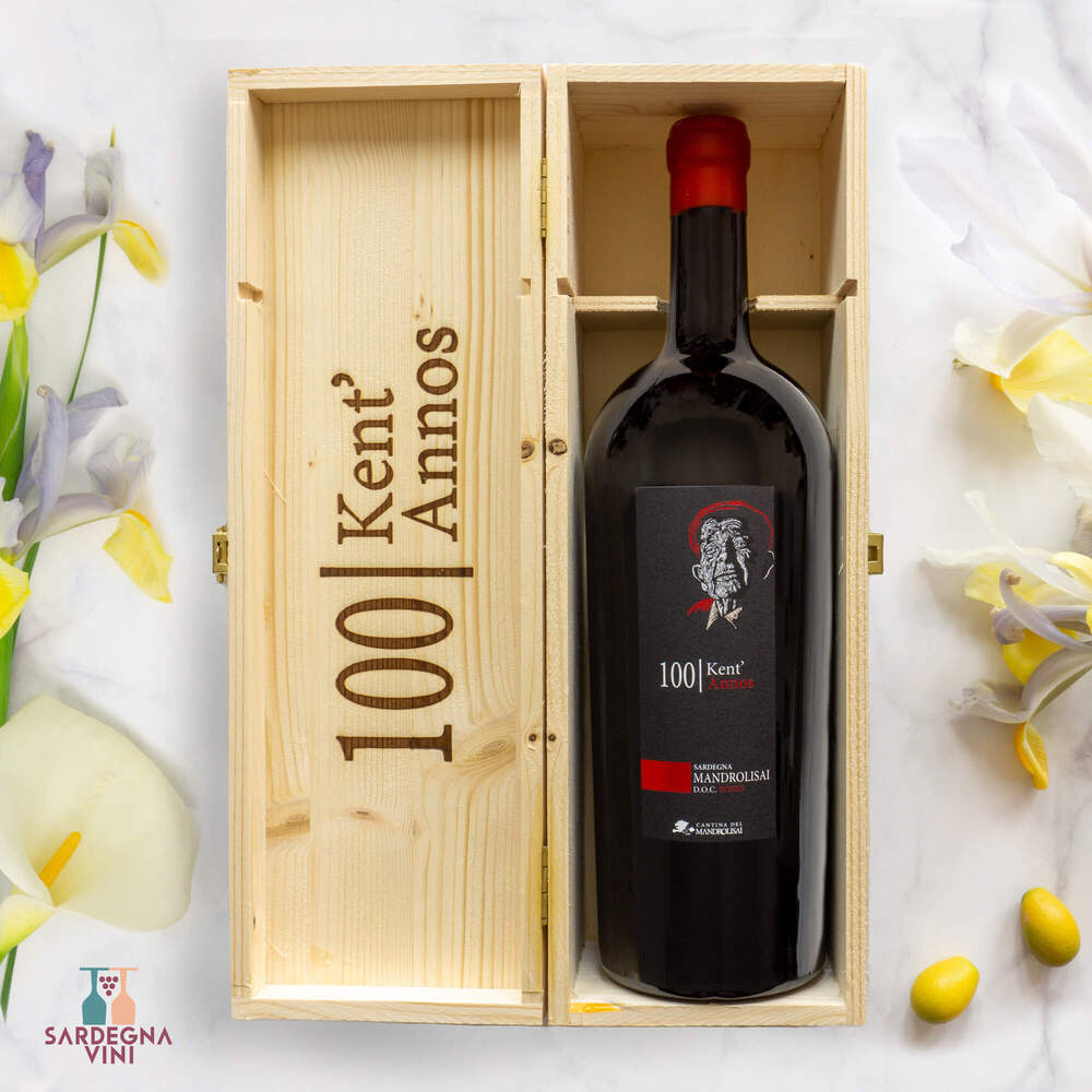 100 Kent'Annos Mandrolisai Magnum bottle displayed with rich red wine color and elegant label from Cantina del Mandrolisai.