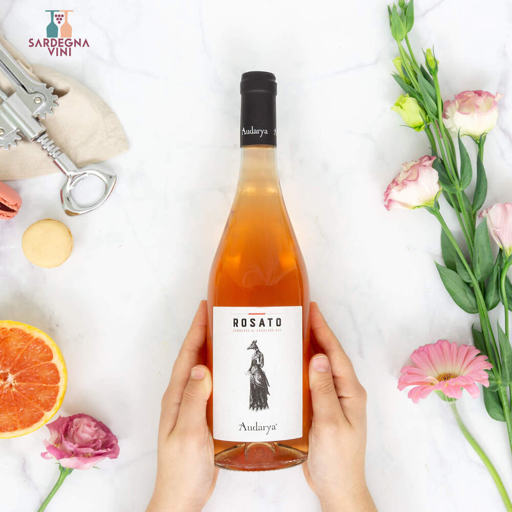 Audarya Rosato Cannonau di Sardegna 2024 wine bottle with a pink hue, featuring a label from Cantina Audarya.