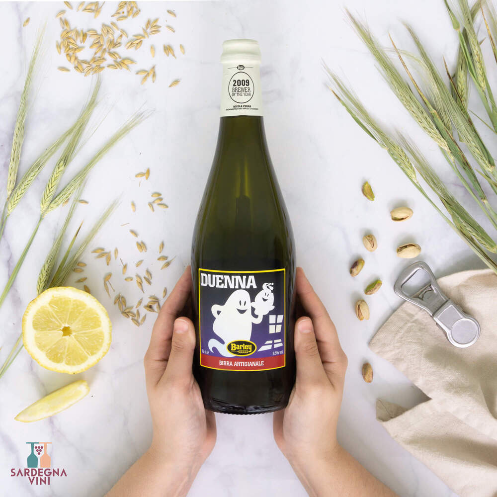 Artisan beer bottle of Birra Duenna American Saison by Birrificio Barley with a label showcasing its unique design.