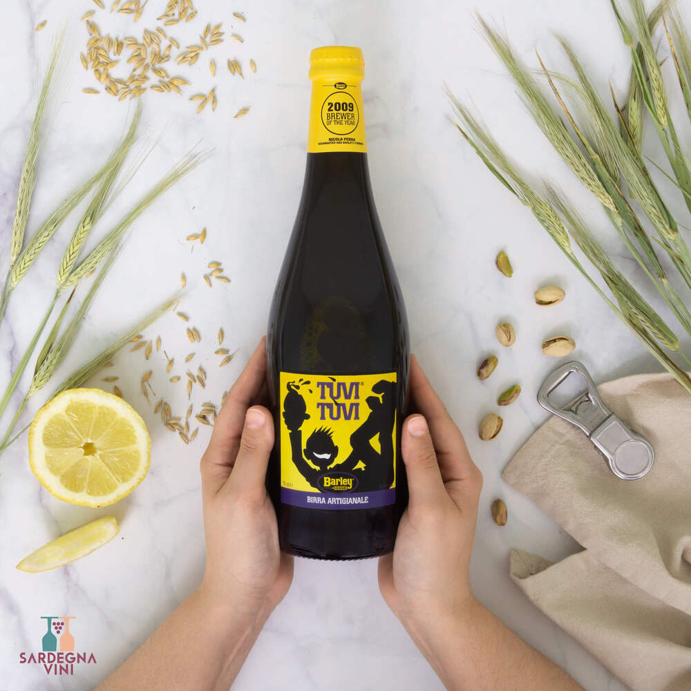 Bottle of Birra Tùvi Tùvi Barley Blonde Ale from Birrificio Barley with a golden color and frothy white head.