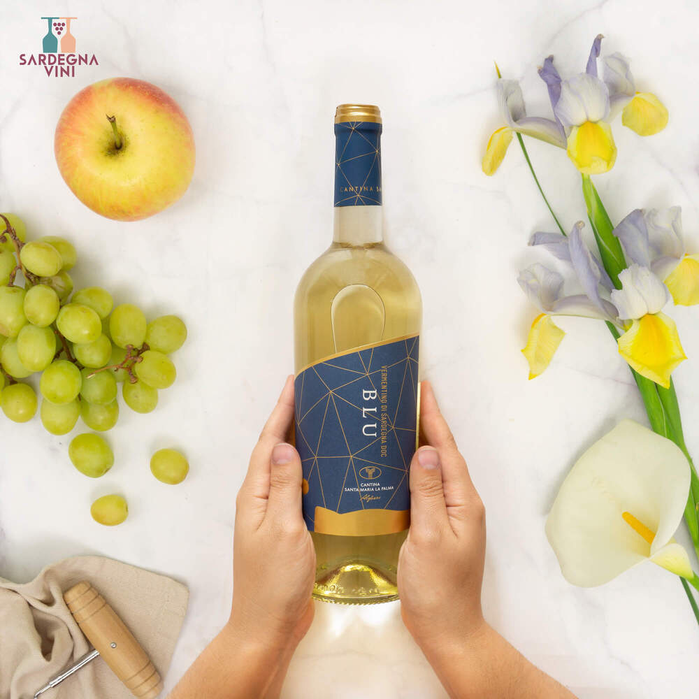 Blu Vermentino di Sardegna 2024 bottle by Santa Maria La Palma, showcasing crisp white wine in elegant packaging.