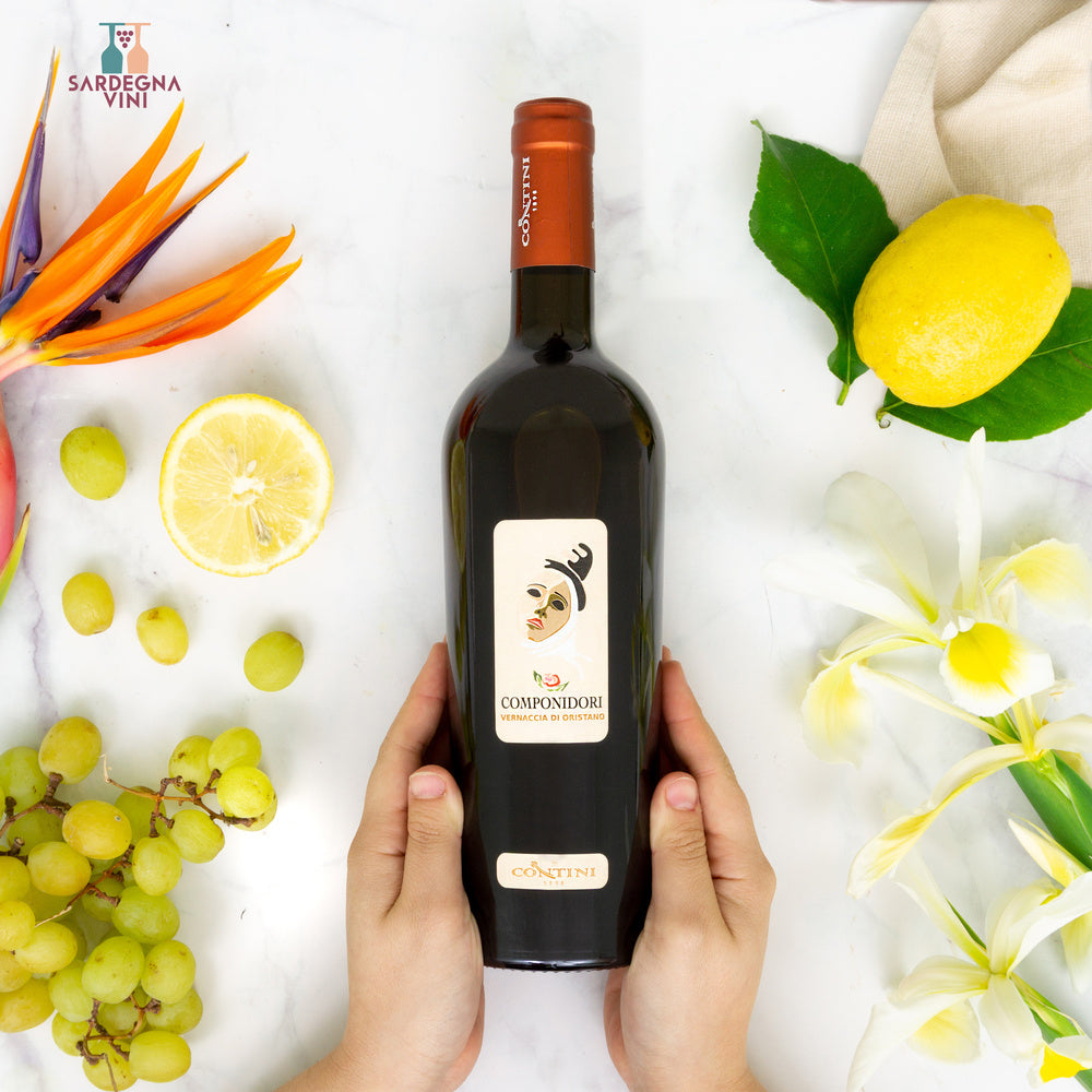 Bottle of Componidori Vernaccia Valle del Tirso IGT 2022, a white wine from Cantina Contini, displayed against a neutral background.