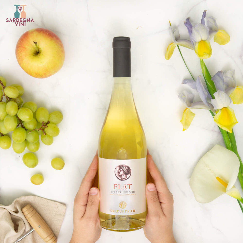 Elat Carignano Bianco IGT 2024 bottle with label, featuring a white wine from Sardus Pater against a neutral background.