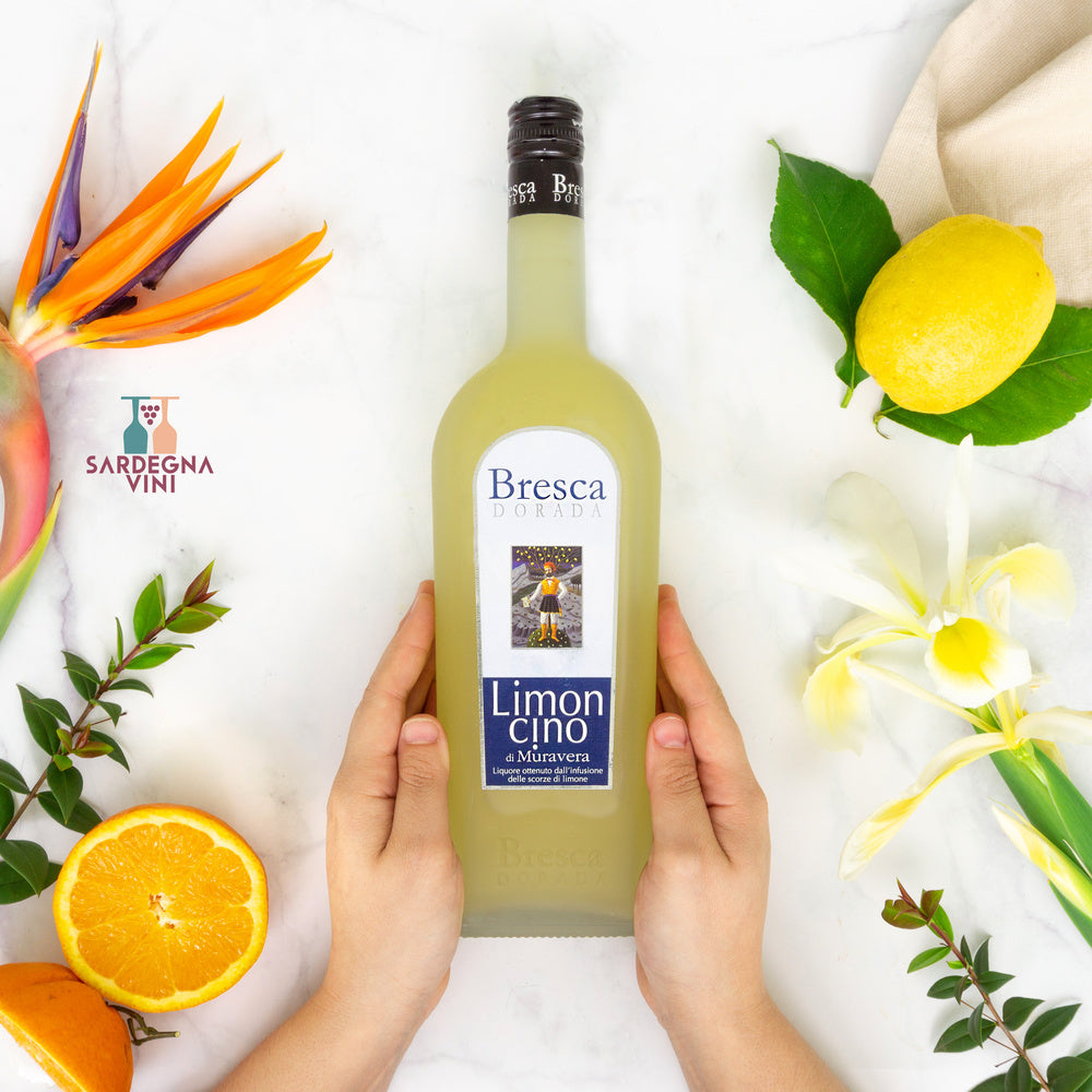 Limoncino di Muravera by Bresca Dorada, a vibrant lemon liqueur bottle with a yellow label and elegant design.