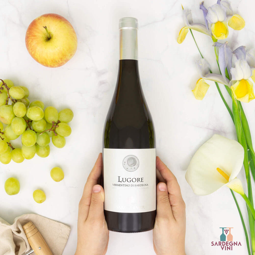 Lugore Vermentino di Sardegna 2024 wine bottle with a label featuring elegant design and pale yellow wine inside.