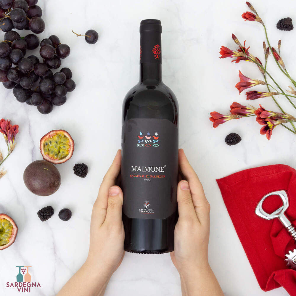 Maimone Cannonau di Sardegna 2023 red wine bottle from Cantina del Rimedio with a rich, deep red color.