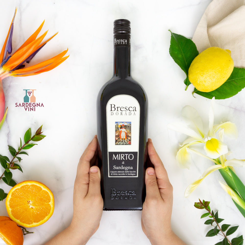 Bottle of Mirto Rosso liqueur by Bresca Dorada in a 70cl glass container, showcasing rich deep red color.