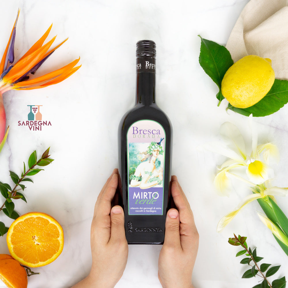 Bottle of Mirto Verde liquore by Bresca Dorada, featuring a vibrant green liquid and elegant label design.