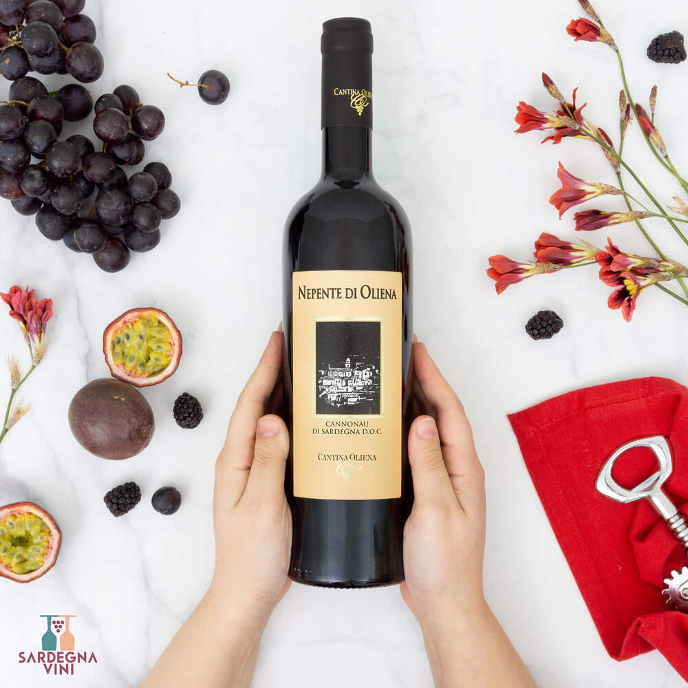 Bottle of Nepente di Oliena Cannonau di Sardegna 2023, a rich red wine from Cantina di Oliena, displayed against a neutral backdrop.