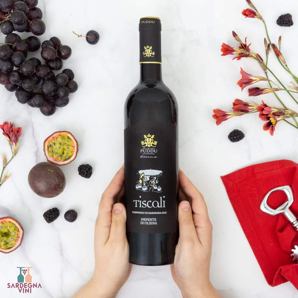 A bottle of Tiscali Cannonau Nepente di Oliena 2022 red wine by Azienda F.lli Puddu on a wooden table.