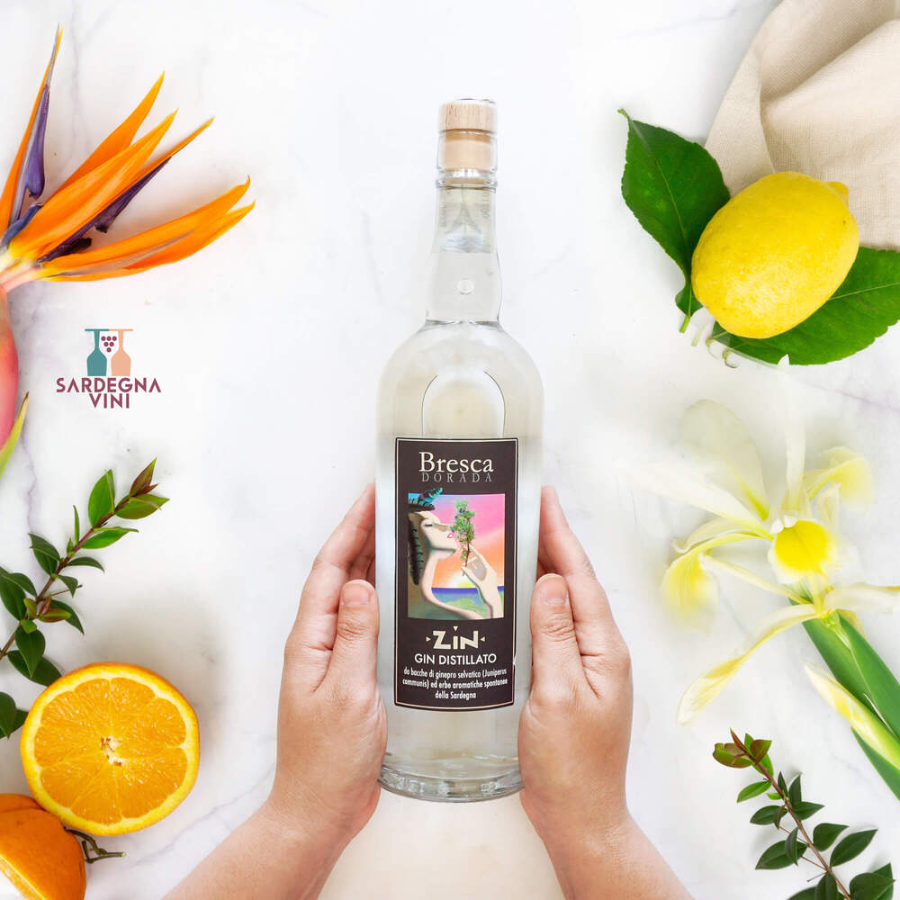 Bottle of Zin Gin di Sardegna by Bresca Dorada with a sleek design and botanical elements in the background.